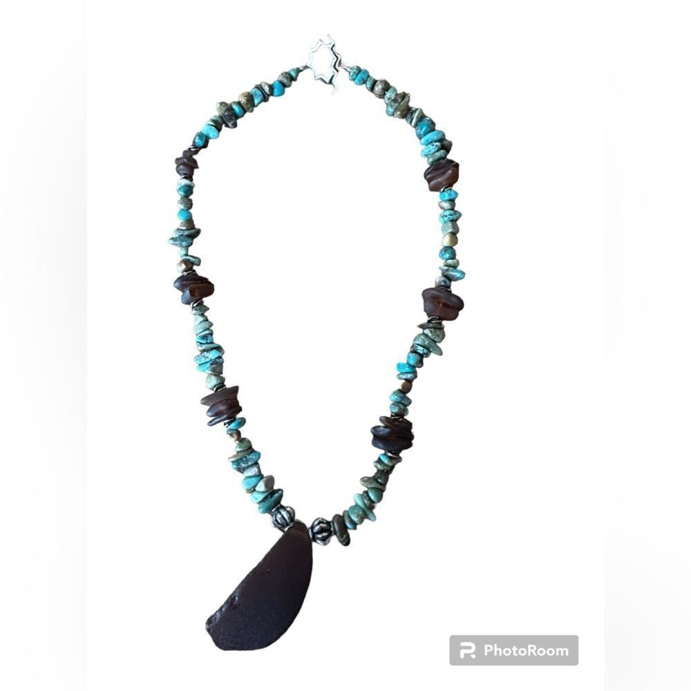C1929-1930 rare dark brown sea glass turquoise and sterling silver necklace - Picture 2 of 8